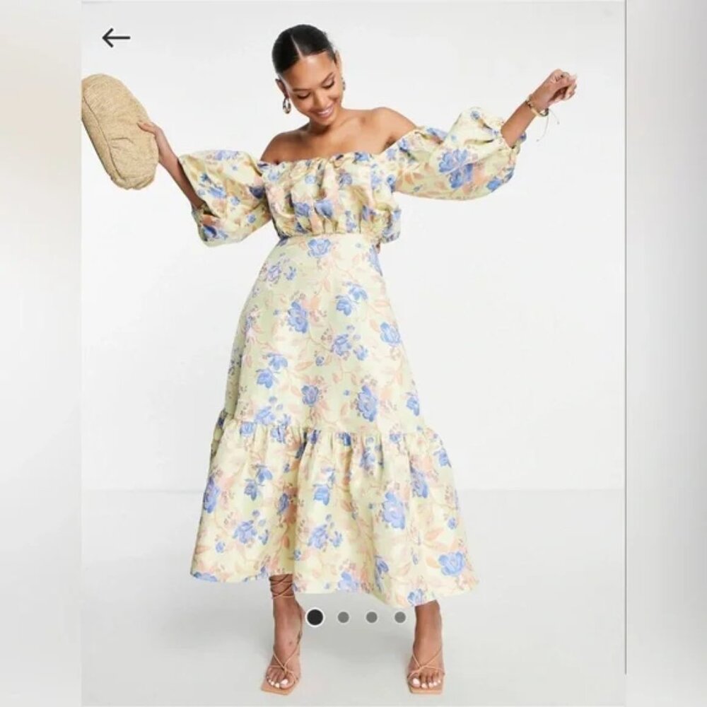 ASOS Floral Off-Shoulder Midi Dress in Yellow and Blue